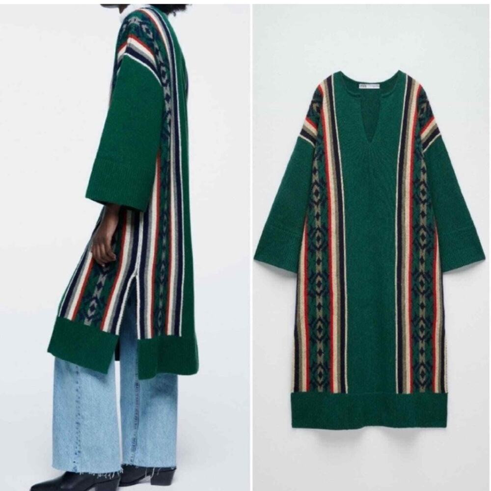 Zara Jacquard Wool Blend Green Tunic Womens M Boho Casual Modest NWT Western